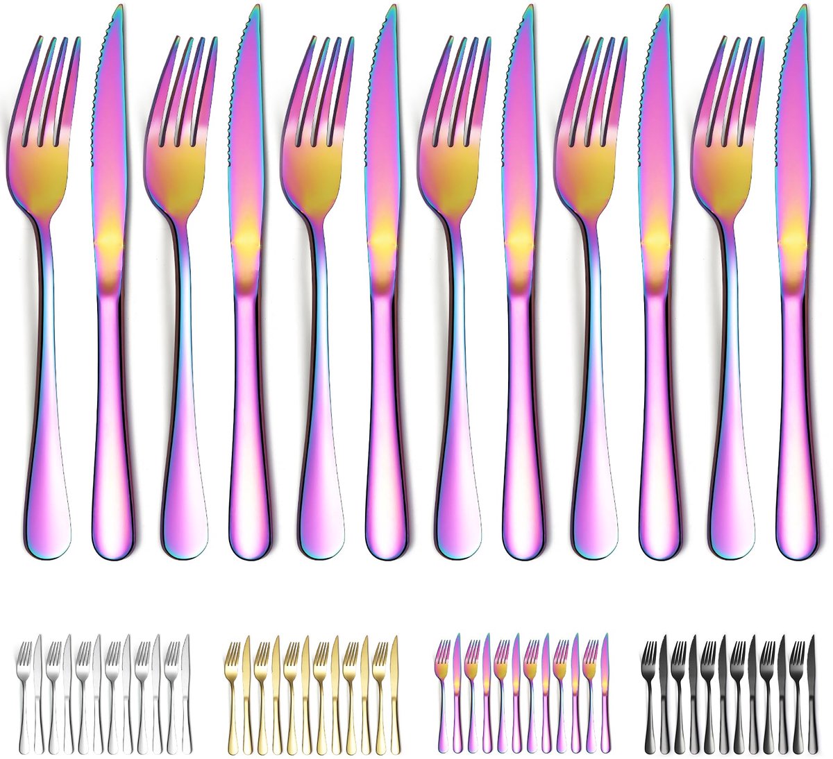 Bestek 12-Delig, Regenboog Titanium Coating Roestvrij Staal 6 Tafelvorken en 6 Tafelmessen Set, Steakmessen Steakvorken, Vaatwasmachinebestendig