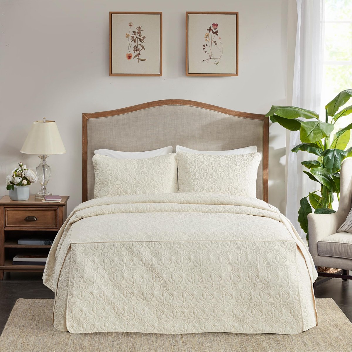 Park Quebec Fitted sprei klassiek traditioneel ontwerp het hele seizoen, lichtgewicht, beddengoed set, bijpassende shams, koning (79 "x81+24D), damast gewatteerde crème 3 stuk