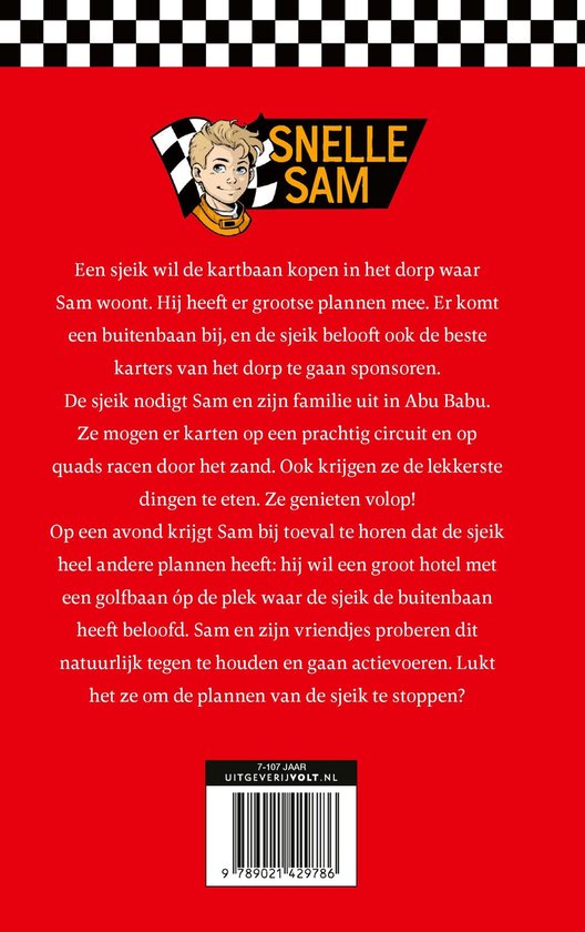 Boekcover met de tekst SNELLE SAM en een tekening van een jongen met een racehelm.