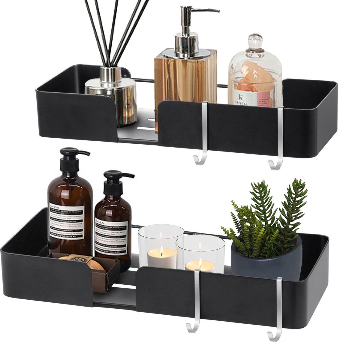 Douchecaddy Drijvende Badkamerplanken - Set van 2, Zonder Boren, Wandmontage, Zelfklevende Hangende Planken met Haken, Decoratieve Opbergplanken voor Keuken, Woonkamer, Slaapkamer