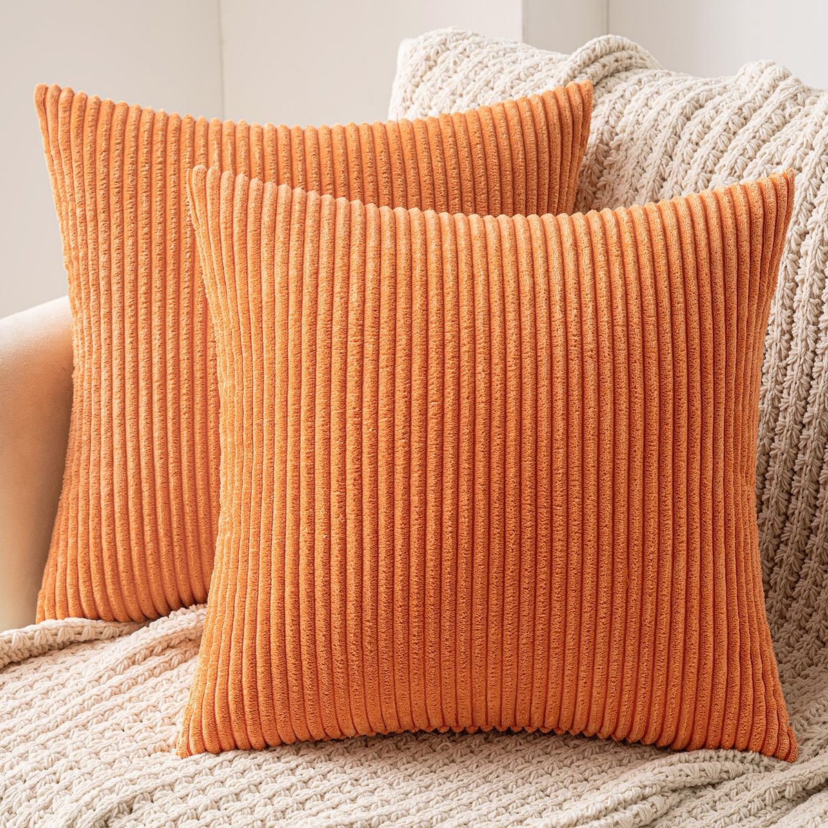 Set van 2 kussenslopen, corduroy, decoratieve kussensloop, bankkussen, sierkussen met verborgen ritssluiting, 50 x 50 cm, oranje