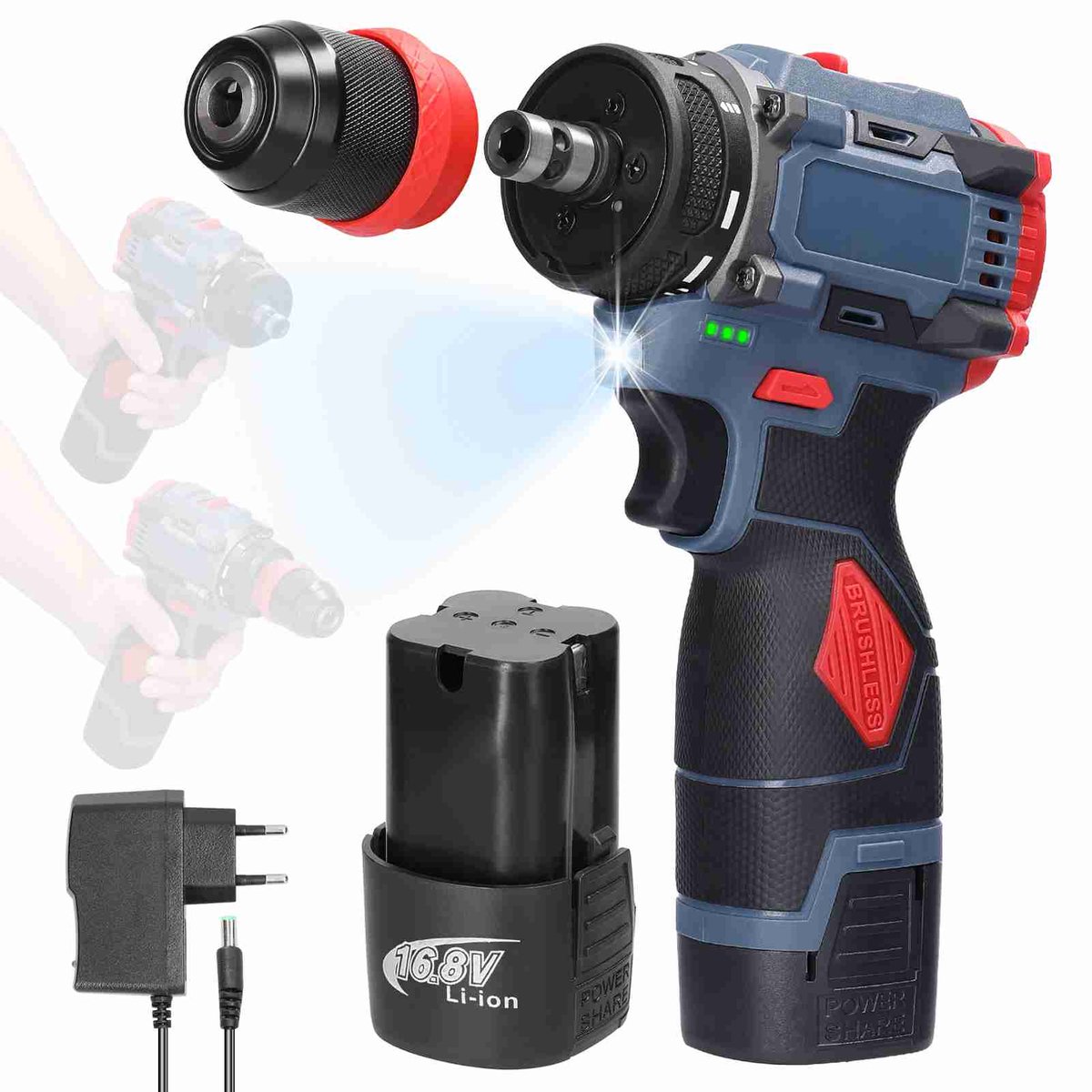Accuboormachine 16.8V Borstelloze Motor – 21Nm Boor- en Schroefmachine – 2 Accu’s 1300mAh – LED Verlichting