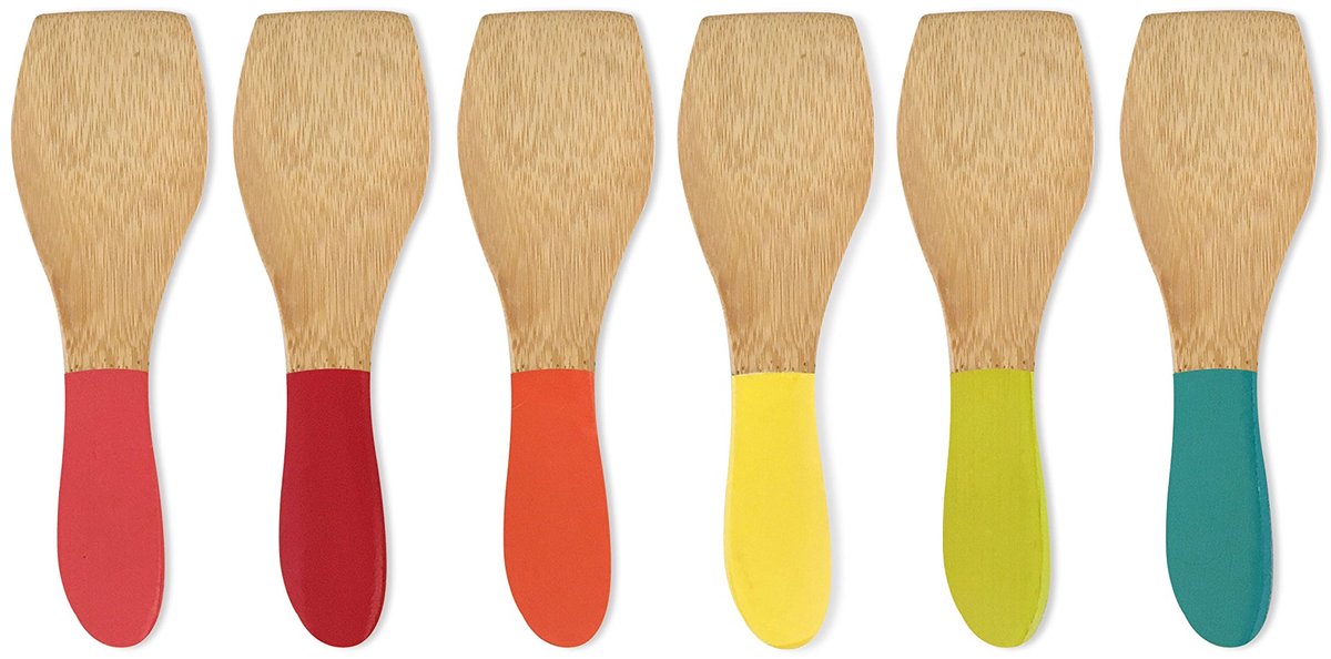 Spatels van bamboe, iedereen heeft zijn eigen kleur, geen verwarring meer, perfecte spatels, krassen niet op je raclettegrill, 13 x 4 cm, set van 6, veelkleurig
