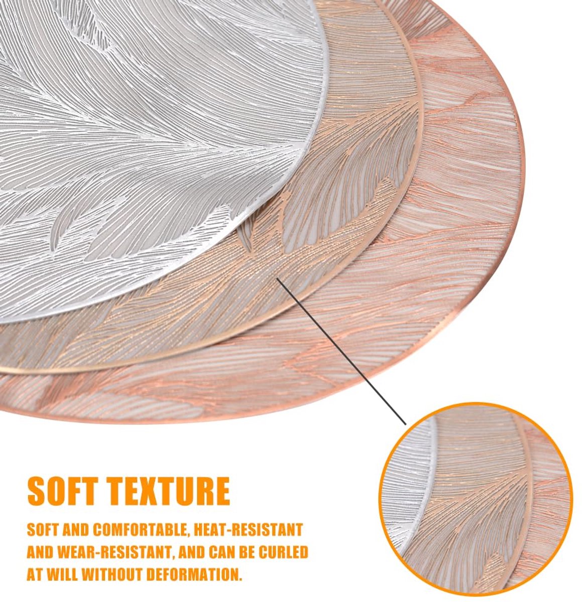 Placemats, rond, 3 stuks, 38 cm, hittebestendig, afwasbaar, antislip, zilver- en gouden placemats, vuilafstotend, voor bruiloft, keuken, restaurant en feest
