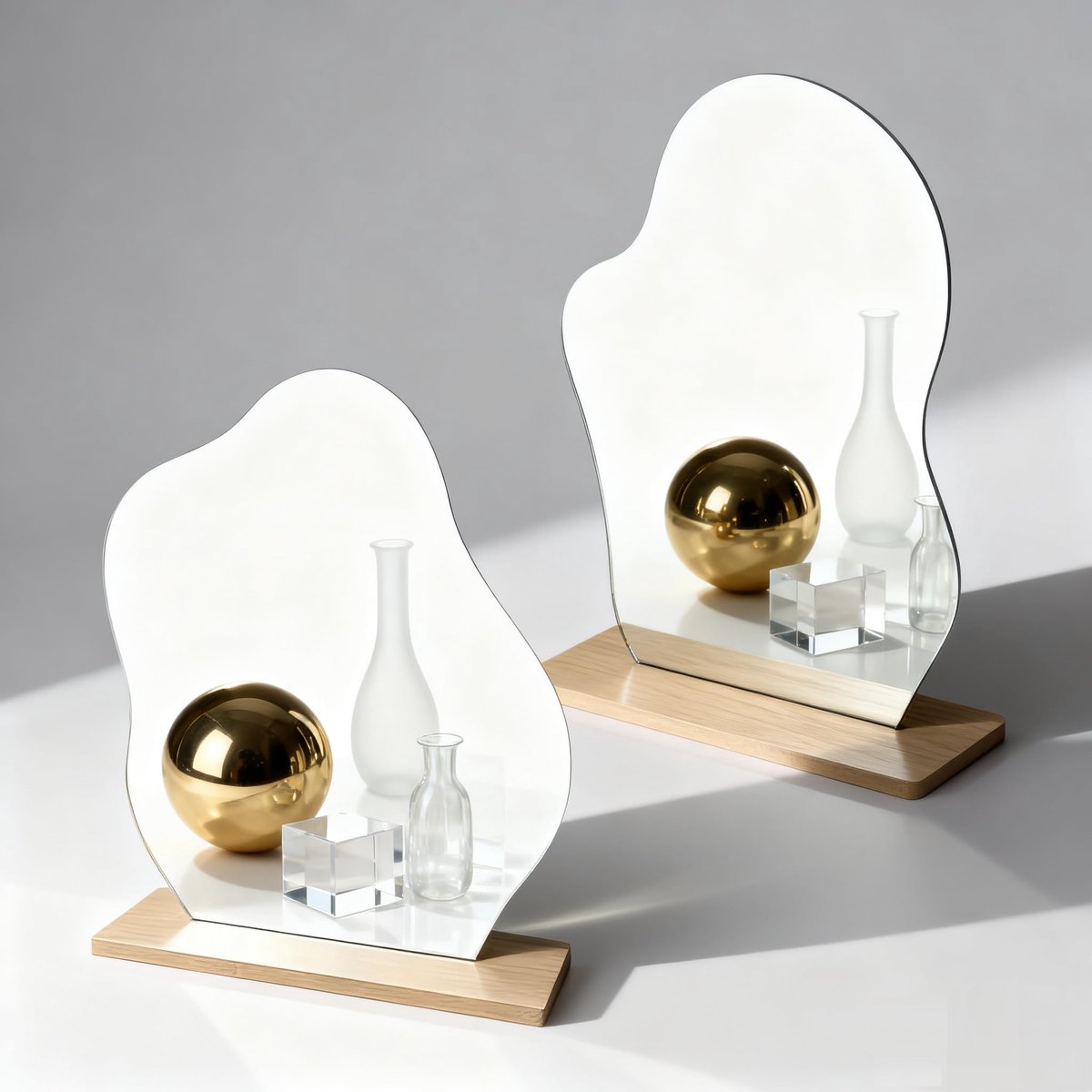 Spiegels, onregelmatige vorm, make-upspiegel, met houten sokkel, staande spiegel, tafel, voor slaapkamer, woonkamer, hotelkamerdecoratie