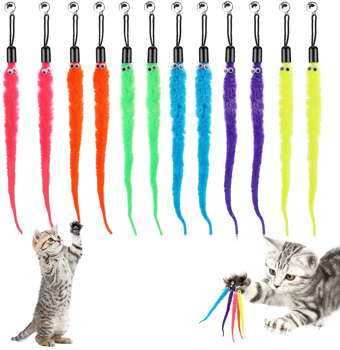 Kattenstaf speelgoed vervanging navulling -12 stuks harige staart worm met bel interactieve kat jager speelgoed, kittens toverstaf vullingen bijlagen