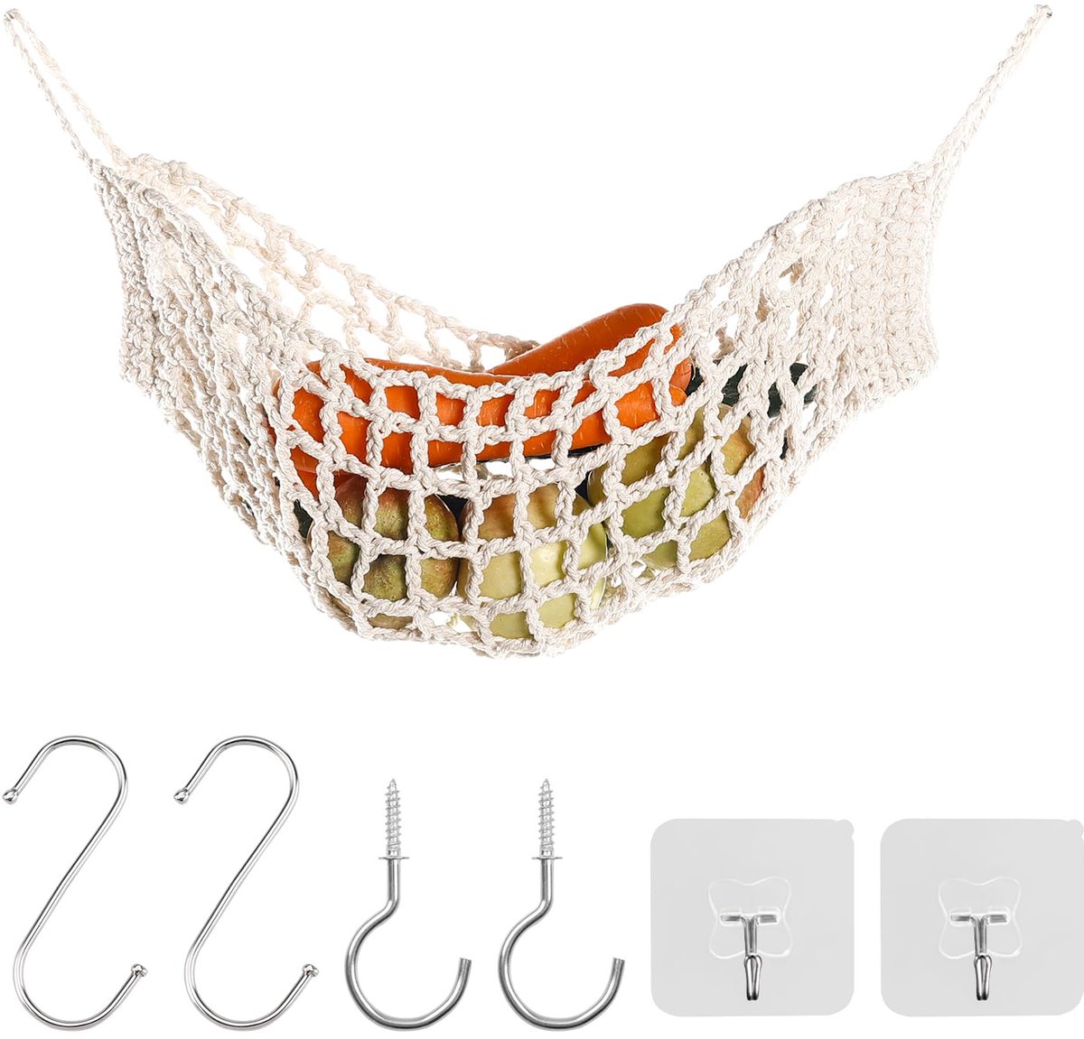 Groente Hangmat, 1 Set Beige Handgemaakte Macrame Hangmat met Haken Katoen Houder Net Onder Kast Opknoping Fruit & Veggie Mand om Keuken Ruimte Te Besparen