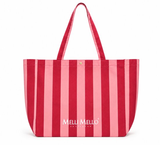 Grote tas met verticale roze en rode strepen, met "Melli Mello Amsterdam" logo.