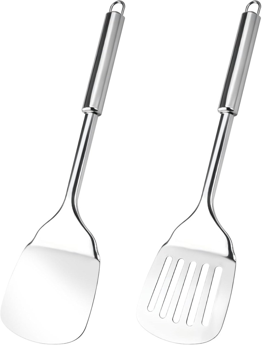 Spatelset, sleufspatel, roestvrij staal, lange steel met praktisch oogje, robuuste keukenspatel met hoge hittebestendigheid, vaatwasmachinebestendig (33 + 34,5 cm, zilver)