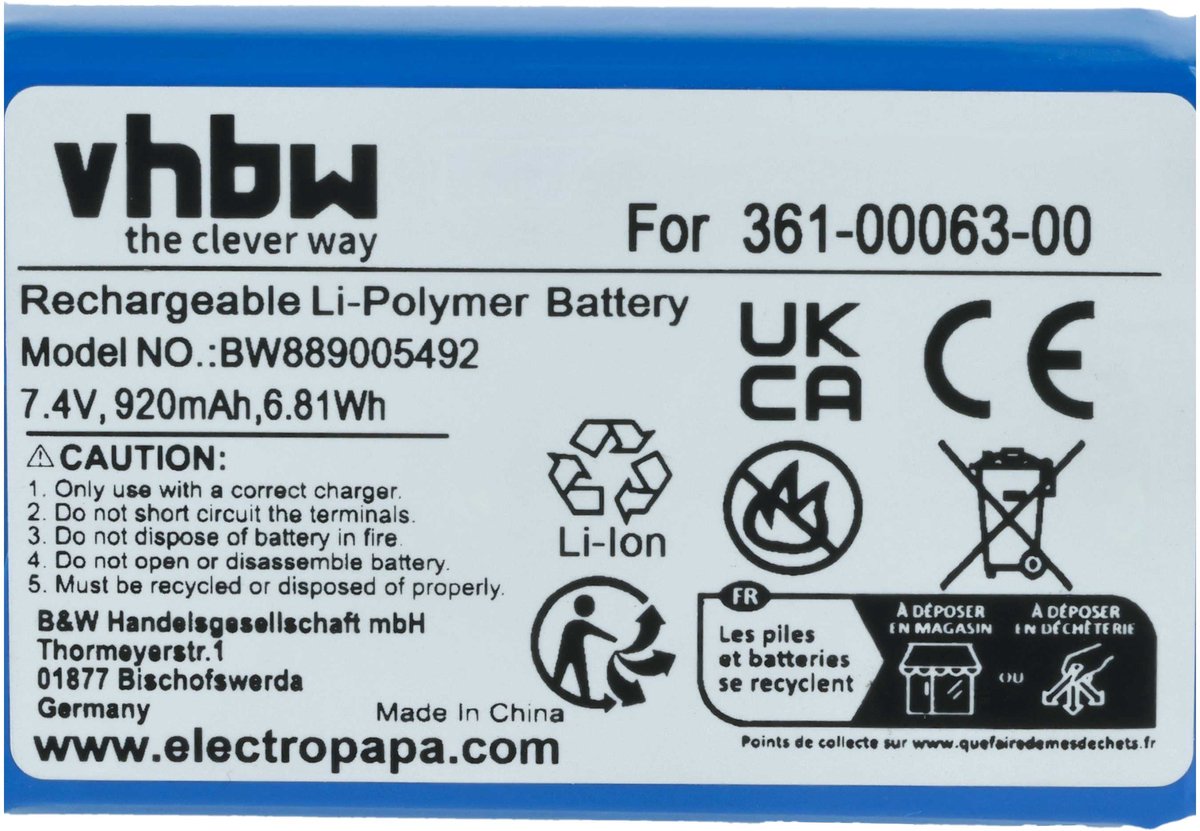 vhbw Vervangende batterij voor Garmin 361-00063-00 GPS-navigatie (920 mAh, 7,4 V, Li-Polymeer)