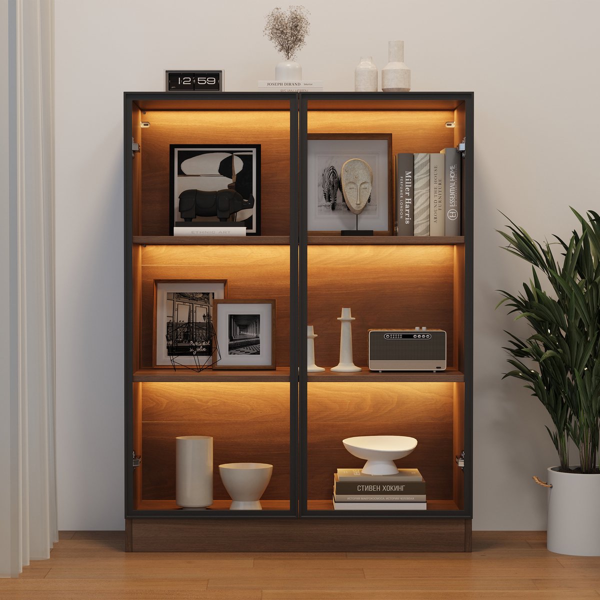 Vitrinekast - 80x32x106 cm naturel - LED-verlichting - 3 planken - aluminium frame