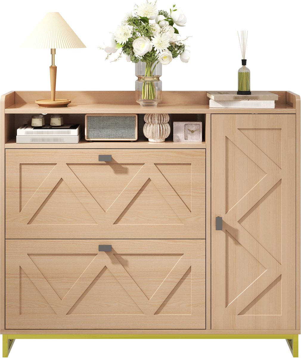 Schoenenkast met dubbele klapdeksels en zijkast - geometrisch reliëf design - soft-close deksels - stevig metalen frame - open bovenvak en opbergruimte - ideaal voor hal en entree