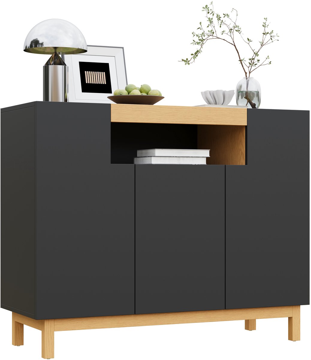 Zubaliya Sideboard - Zwart met houtlook - 3 deuren, open middenvak - Duurzaam spaanplaat, strak design - Geschikt voor woonkamer, eetkamer, slaapkamer en hal