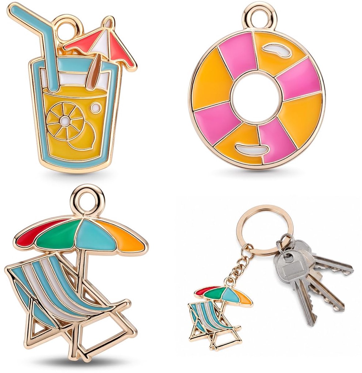 Sleutelhanger van zinklegering, set van 3 strandsleutelhangers, ligstoel, zwemring en vruchtensap, reiscadeau, accessoires voor strand, zomer, afstudeerreizen, auto