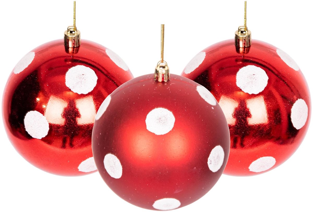 Kerstballen onbreekbare rood-witte stippen, kerstboomdecoraties, balornamenten, ballen, hangende kerstdecoraties, vakantiedecoratie - glanzend, mat, glitter