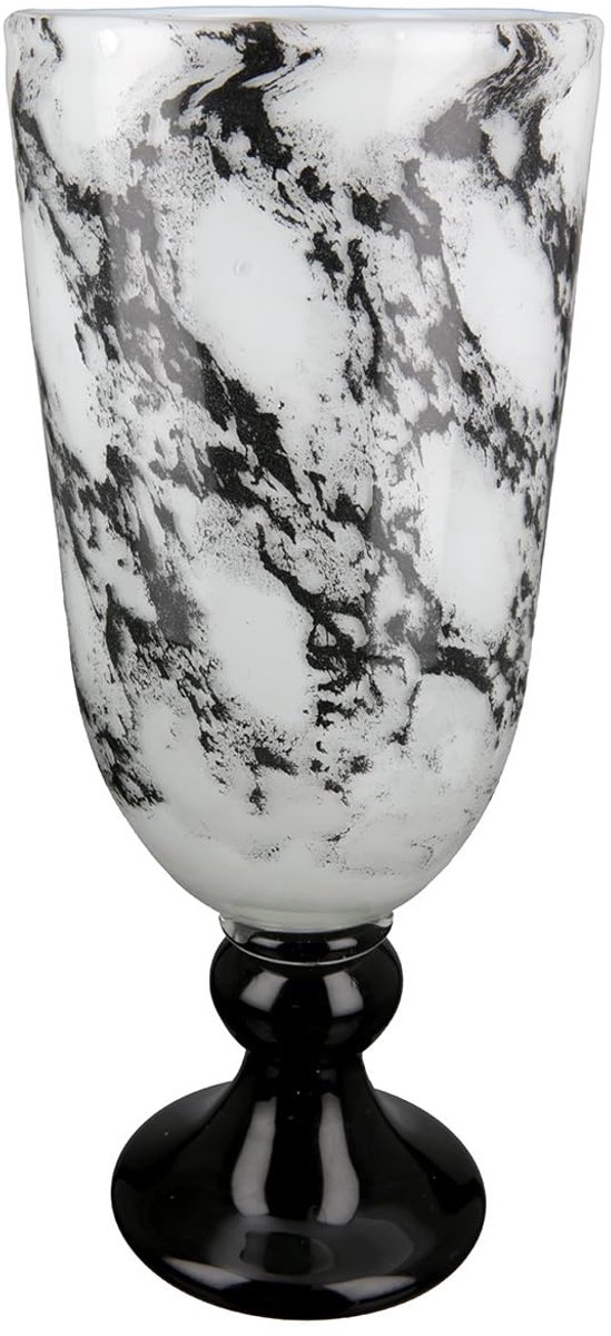 Vaas beker op voet - glazen vaas marmer look - elegante decoratie woonkamer - cadeau verjaardagscadeau - kleuren: zwart wit hoogte 31 cm