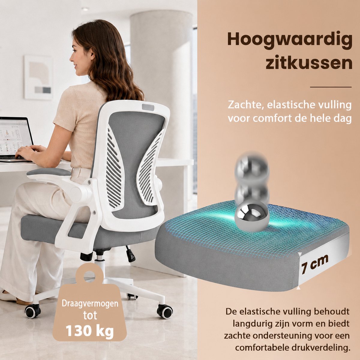 Milacyee Bureaustoel - Ergonomische Bureaustoel – Verstelbare Gaming/Computerstoel met Mesh Rug & Lendensteun – 90° Opklapbare Armleuningen – Directiestoel met Stille Wieltjes – Tot 130 kg Belasting - Grijs - Geschikt voor thuiswerk en kantoor – foto 4