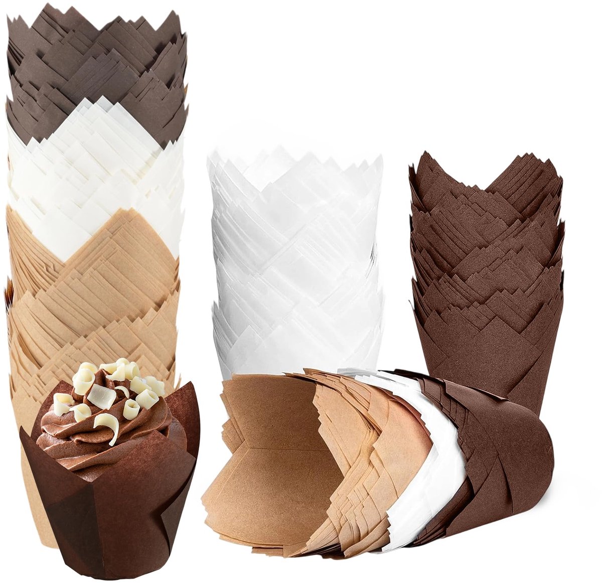Muffinvormpjes, tulpenvormige papieren muffinvormpjes, natuurlijk ongebleekt papier voor cupcakevormen, standaardformaat papieren bakvormpjes voor bruiloft, verjaardag, feest (A)