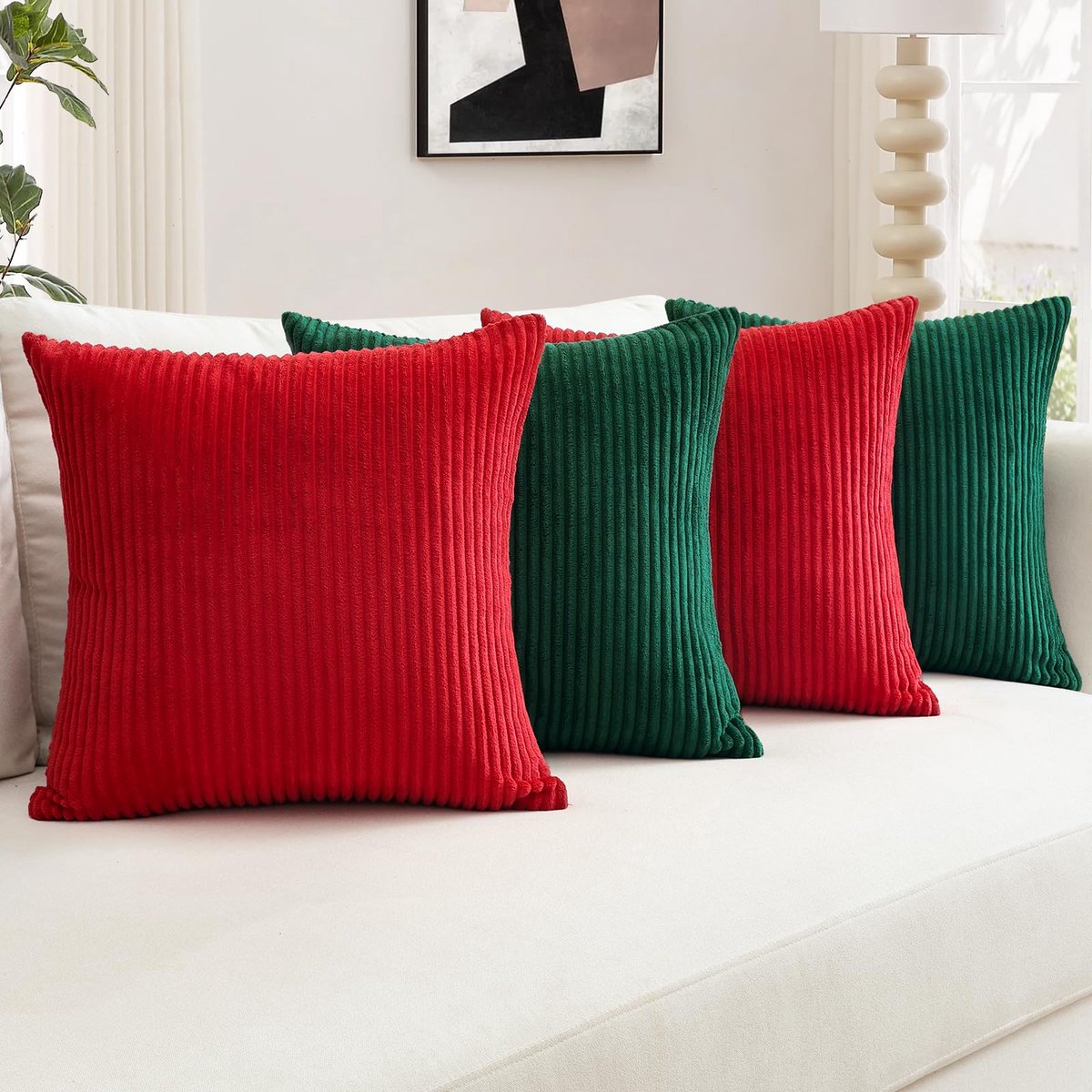 Set van 4 corduroy kussenslopen, kussenhoezen, decoratieve sierkussens, bankkussens, corduroy kussensloop, decoratieve kussenhoes voor bank en woonkamer (40 x 40 cm, rood-groen)