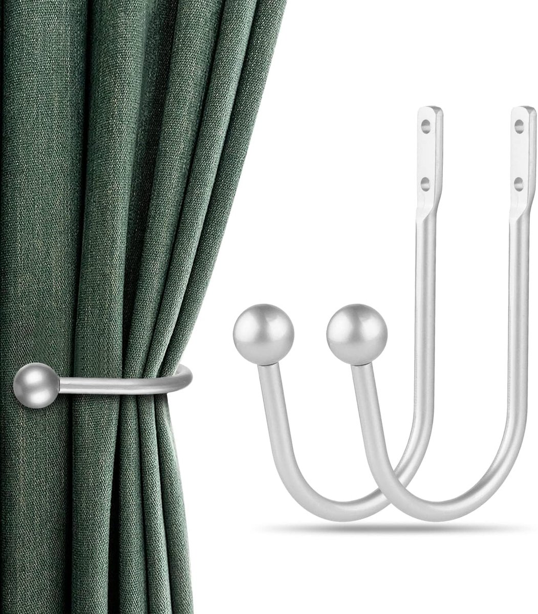 Gordijnhouders, 2 stuks gordijnhouders, wandgemonteerde gordijnbinders, retro raamhaak voor woondecoratie, zilver