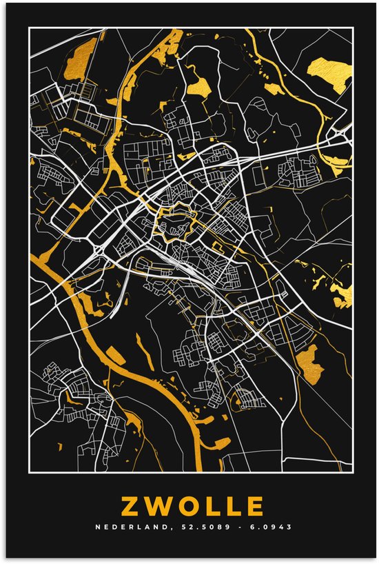 Poster 40x60 cm - Plattegrond - Zwolle - Goud - Zwart - Posters - Kamer decoratie - Wanddecoratie woonkamer - Muurdecoratie slaapkamer