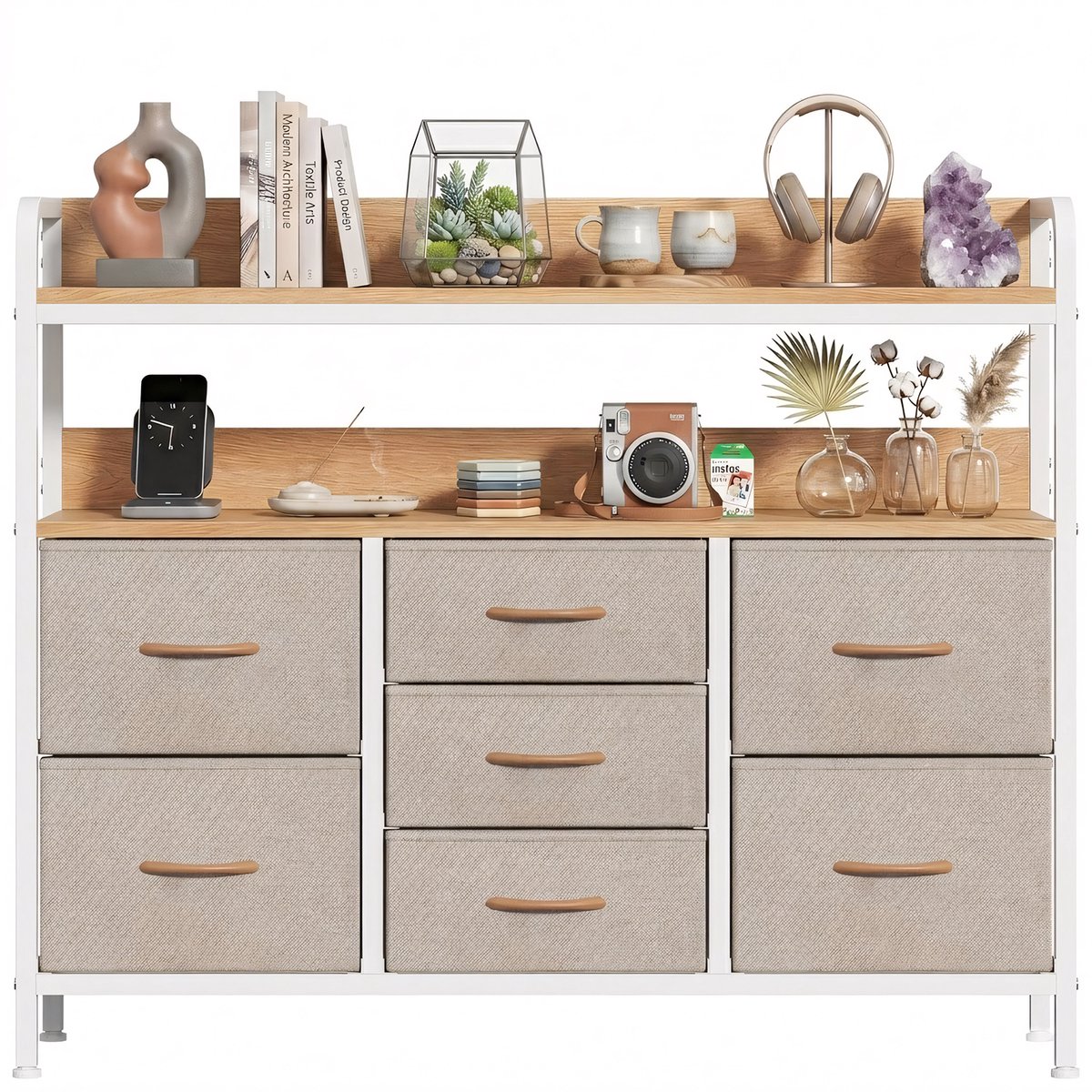 Stoffen Ladekast met 7 Laden-100x30x76cm Opbergkast-Multifunctionele Kast met Open Vak-Slaapkamer Woonkamer Kast- Metalen Frame MDF Bovenblad-Stoffen Opbergladen-Kaki