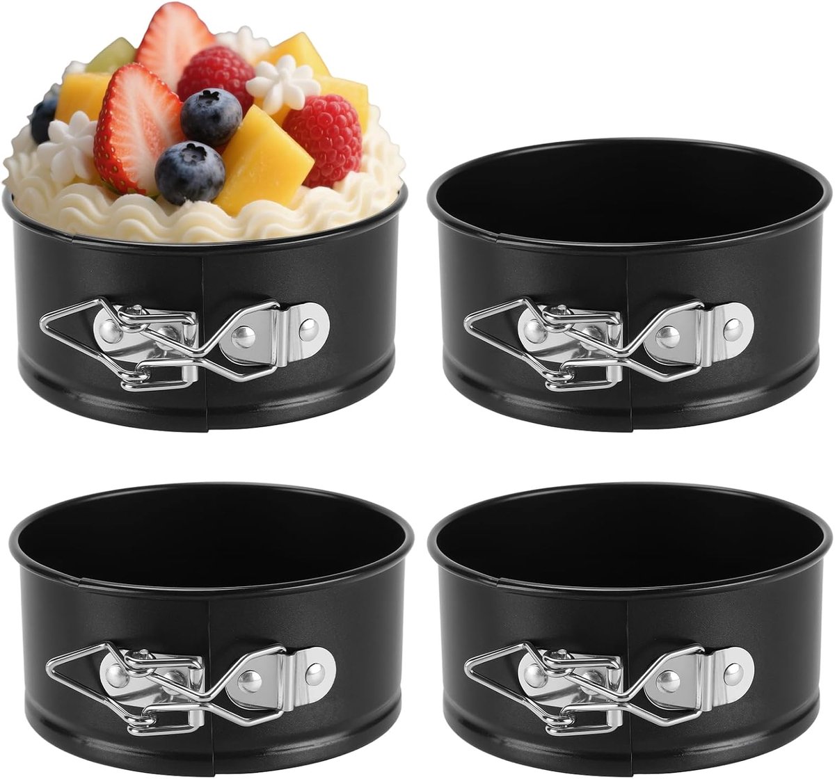 4 stuks taartvormen, rond, 11 cm, zwart, mini-springvorm met afneembare bodem, anti-aanbaklaag, kleine taartvorm voor het bakken van taarten, brood en desserts