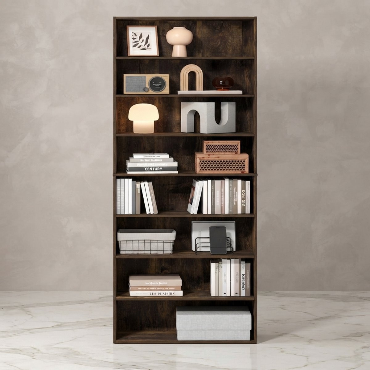 8-Laags Open Boekenkast – Smalle Ruimtebesparende Opbergkast in Houtlook (Barnsteen Grenen) – 180 cm Hoog, Moderne Plankenkast voor Woonkamer, Kantoor, Slaapkamer & StudiekamerNoviHomeStore