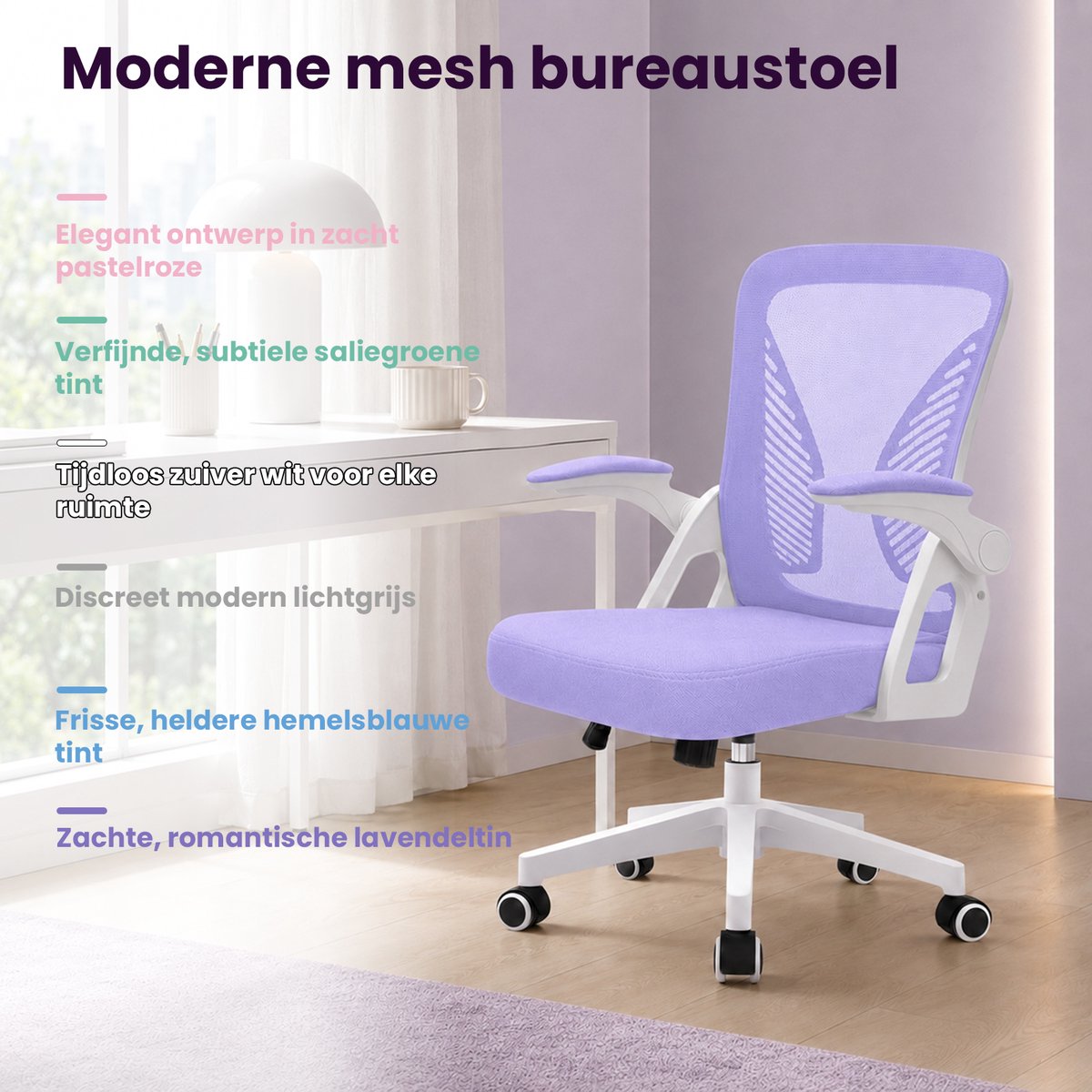 Milacyee Bureaustoel - Ergonomische Bureaustoel – Verstelbare Gaming/Computerstoel met Mesh Rug & Lendensteun – 90° Opklapbare Armleuningen – Directiestoel met Stille Wieltjes – Tot 102 kg Belasting - Paars - Geschikt voor thuiswerk en kantoor – foto 6