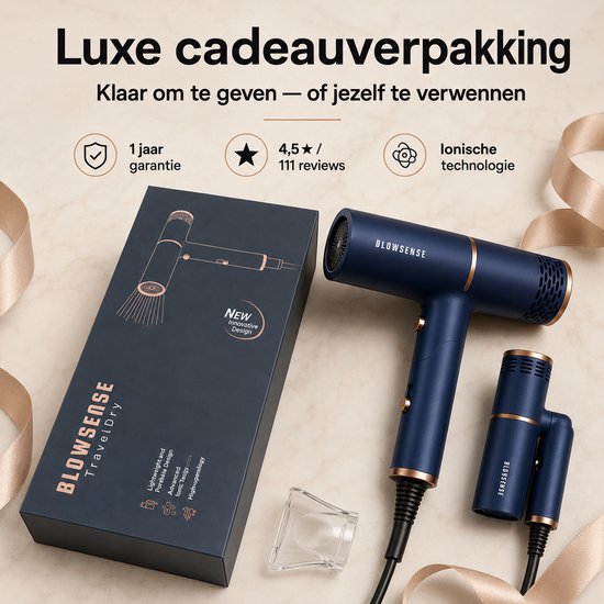 BlowSense® TravelDry Reisföhn Opvouwbaar – Compacte Haardroger voor Reizen, Vakantie en Handbagage – 1400W – Met Concentrator-opzetstuk – Ruimtebesparende Opvouwbare Föhn – Saffierblauw – 2026 Model