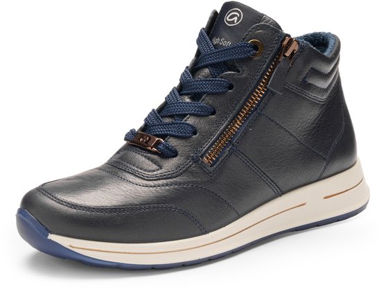 Donkerblauwe leren veterboot met rits, veters en beige zoolrand.