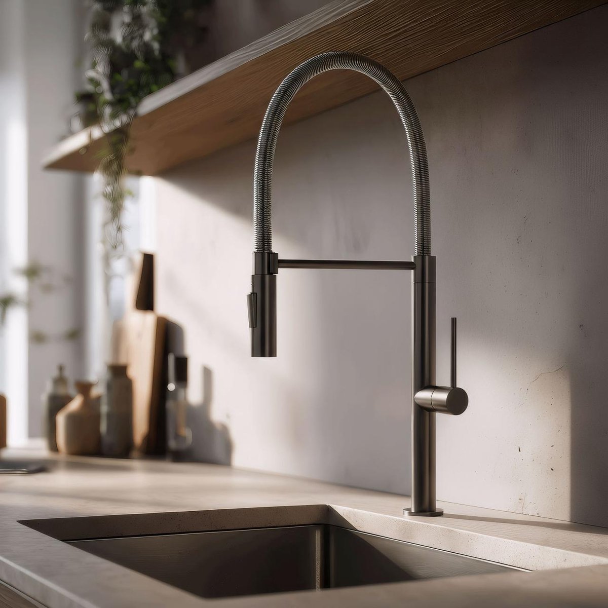 Pure.Sink Luxion Gun metal keukenkraan profi met flexibele uitloop en 2 straalsoorten PLXFLEX-61