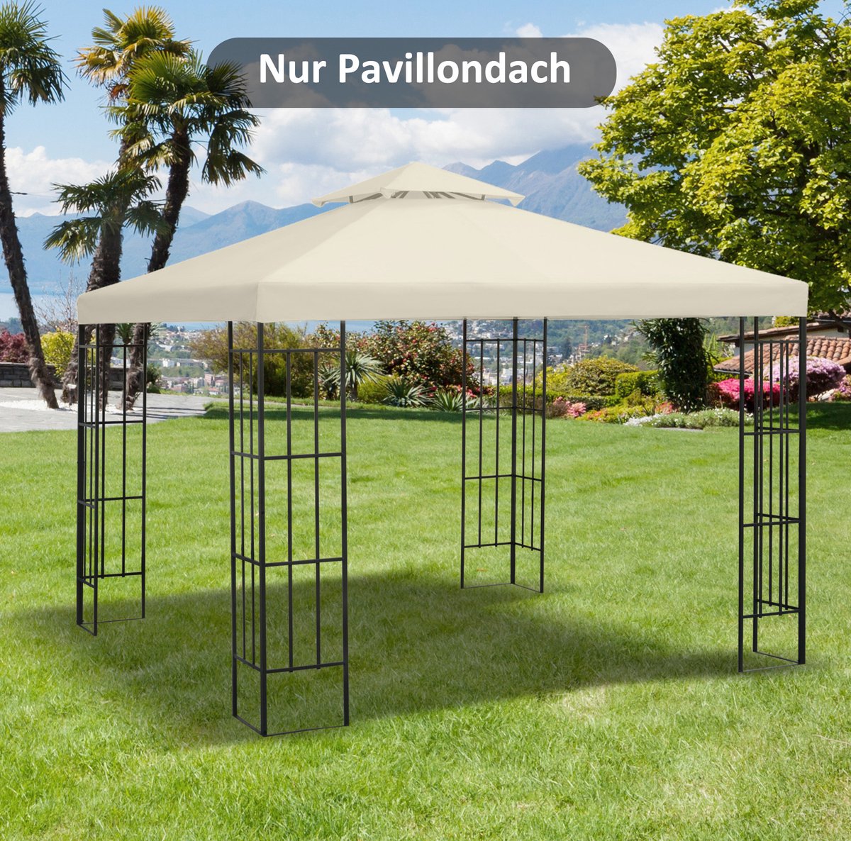 MEUNIQ vervangend pavillondak 3 x 3 m dubbel dak met 8 ogen en 8 klittenbanden voor metalen paviljoen, polyester verandazeil voor tuin en terras, crème
