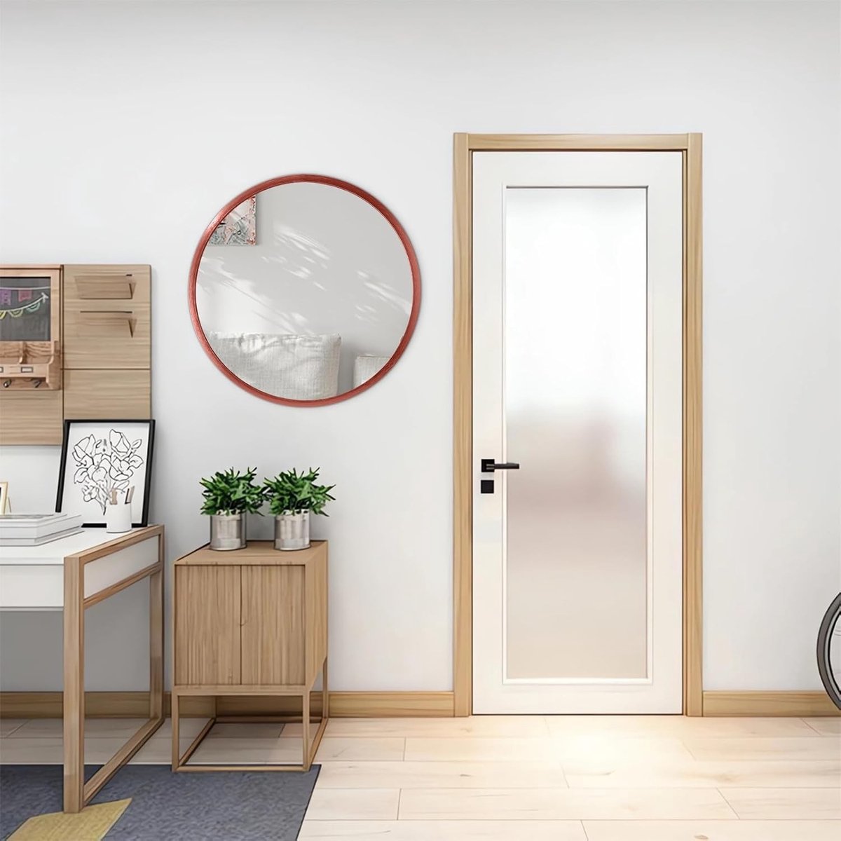 Ronde Houten Spiegel 50 x 50 cm met Rode Afwerking voor Badkamer, Slaapkamer en Woonkamer, Wandspiegel voor Entree en Decoratie