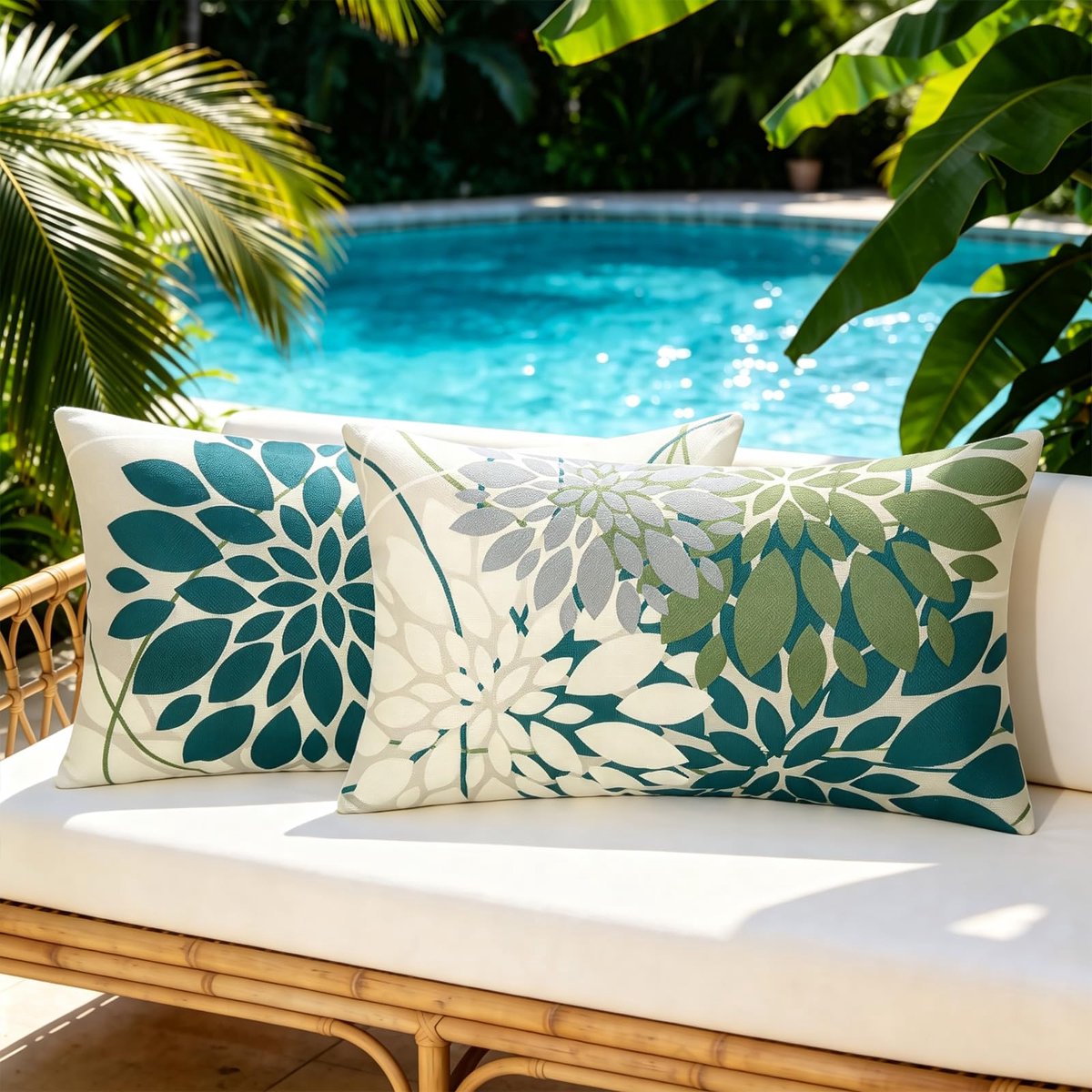 40 x 40 cm, blauw-groen, outdoor, waterdicht, voor de bank, set met 2 dahlia's, moderne kussenhoezen voor bank, decoratieve kussenslopen voor woonkamer, tuin, terras