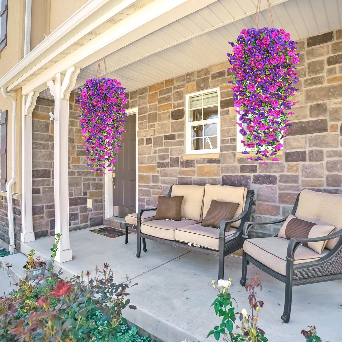 2 stuks kunsthangplanten, petunia's, kunstbloemen, hangend, weerbestendig, kunstbloemen zoals echte zijden bloemen, ranken voor muur, huis, tuin, bruiloft, balkon, terras, decoratie (paars