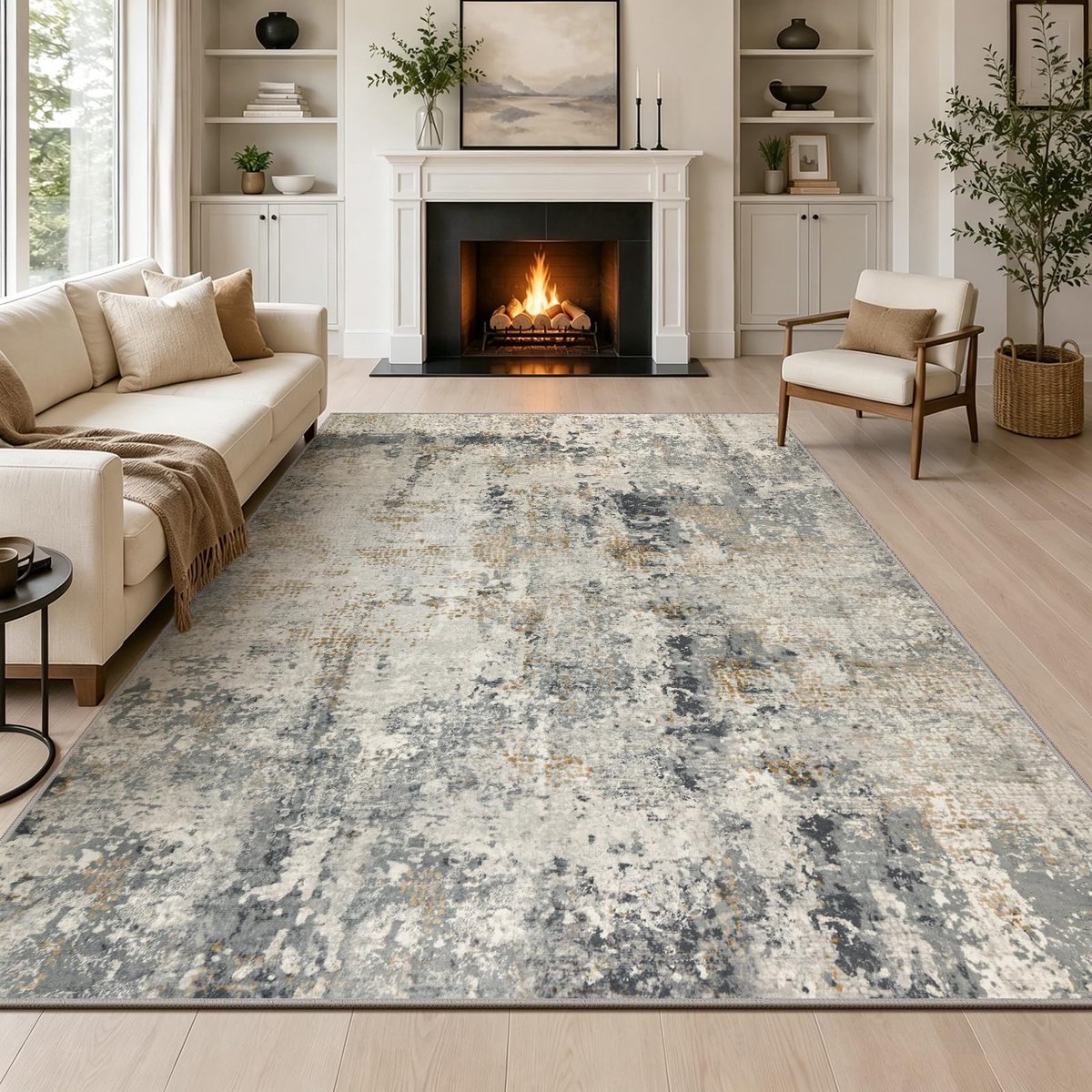 Grijs goud abstract tapijt woonkamer 160 x 230 cm antislip laagpolig kunstwol slaapkamer tapijt wasbaar minimalistisch vloerkleed voor woonkamer slaapkamer kantoor decoratie