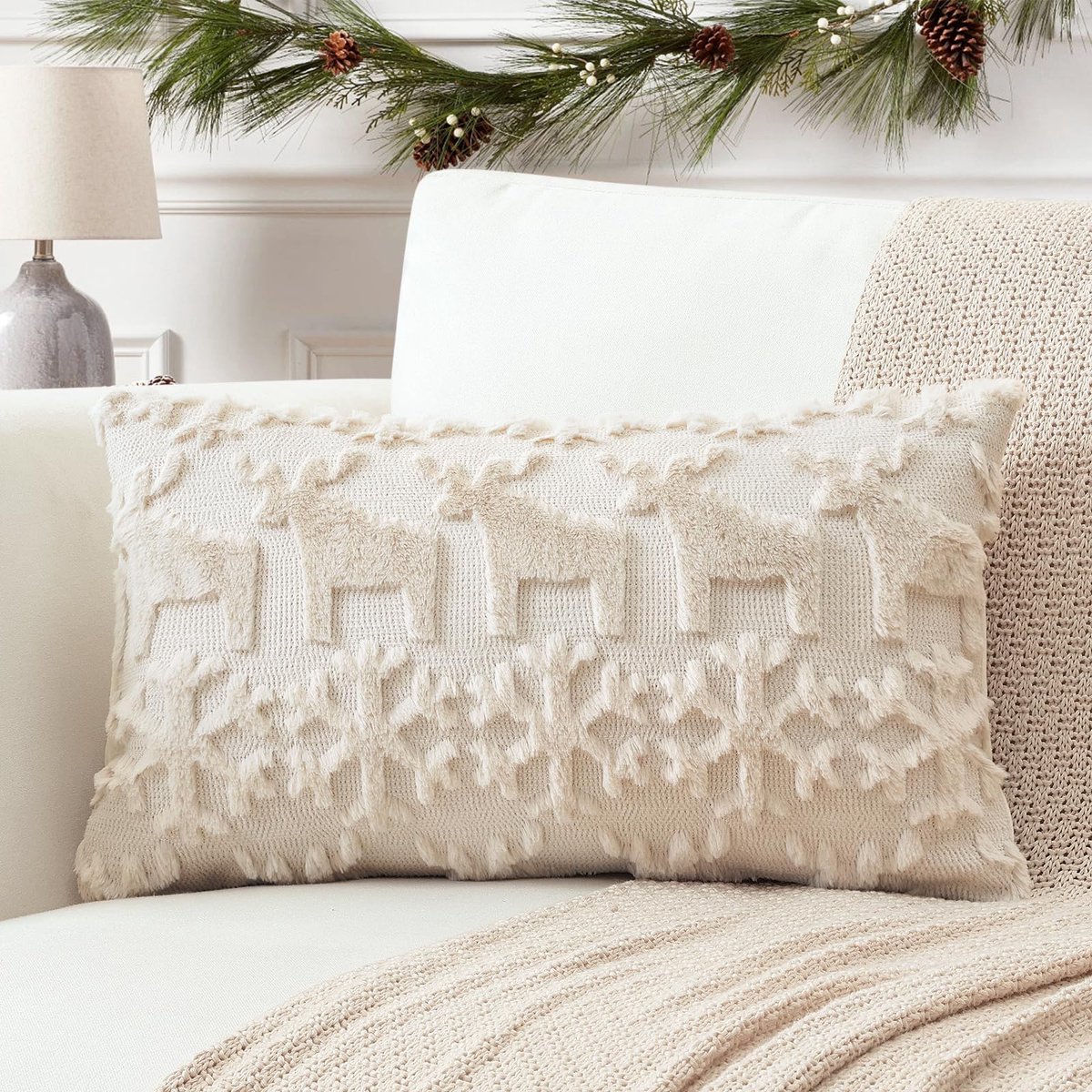 Set van 1 wollen kussenslopen, zacht pluche, kort wolfluweel, decoratieve kussenhoes, sofakussen, Kerstmis, kussensloop voor bank, slaapkamer, sneeuwvlokken en eland, crèmebeige, 40 x 60 cm