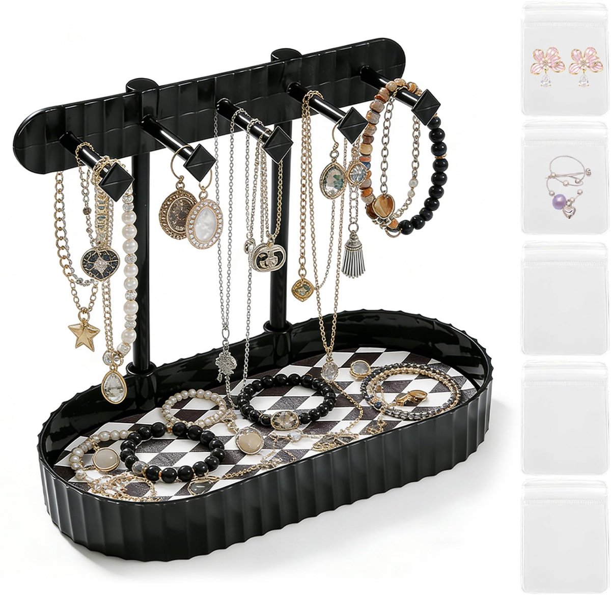 sieradenstandaard met 5 sieradenzakjes, multifunctionele sieradenhouder met bodemschaal, oorbelhouder, sieradenopslag voor halskettingen, armbanden, ringen, horloges (gestreept zwart)