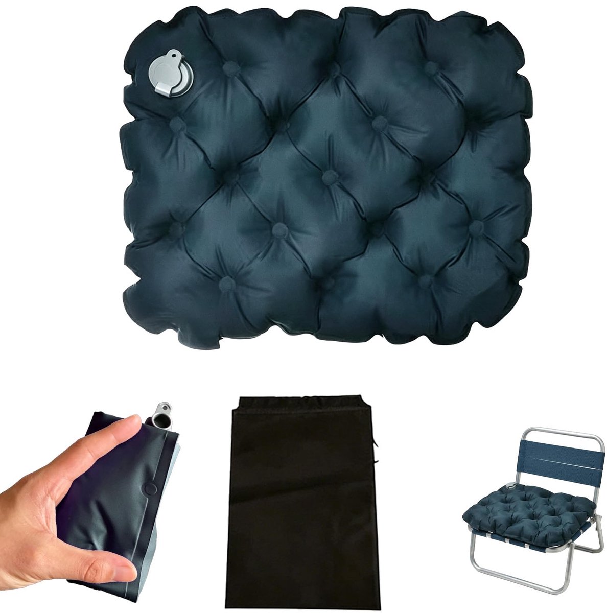 Opblaasbaar Zitkussen Donkerblauw 47 x 37 cm met Opbergzak – Ultralicht Opvouwbaar Camping Zitkussen voor Strand, Wandelen, Vissen, Stadion, Reizen en Outdoor Activiteiten