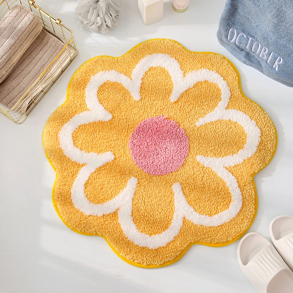 Badmat, zachte pluizige bloemvormige badmat van microvezel, waterabsorberende antislip ingang deurmat voor toilet douche badkamer mat 65 cm x 65 cm (geel)