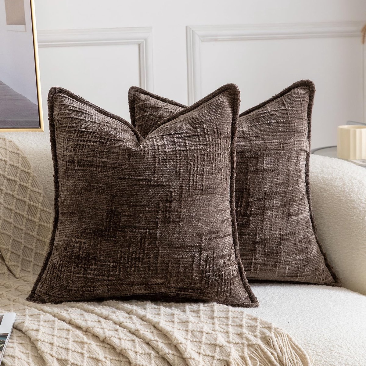 Set van 2 Chenille Kussenslopen Zachte Neutrale Decoratieve Kussens voor Sofa Boho Accent Kussensloop Covers voor Slaapkamer Woonkamer 50x50 cm Donker Taupe