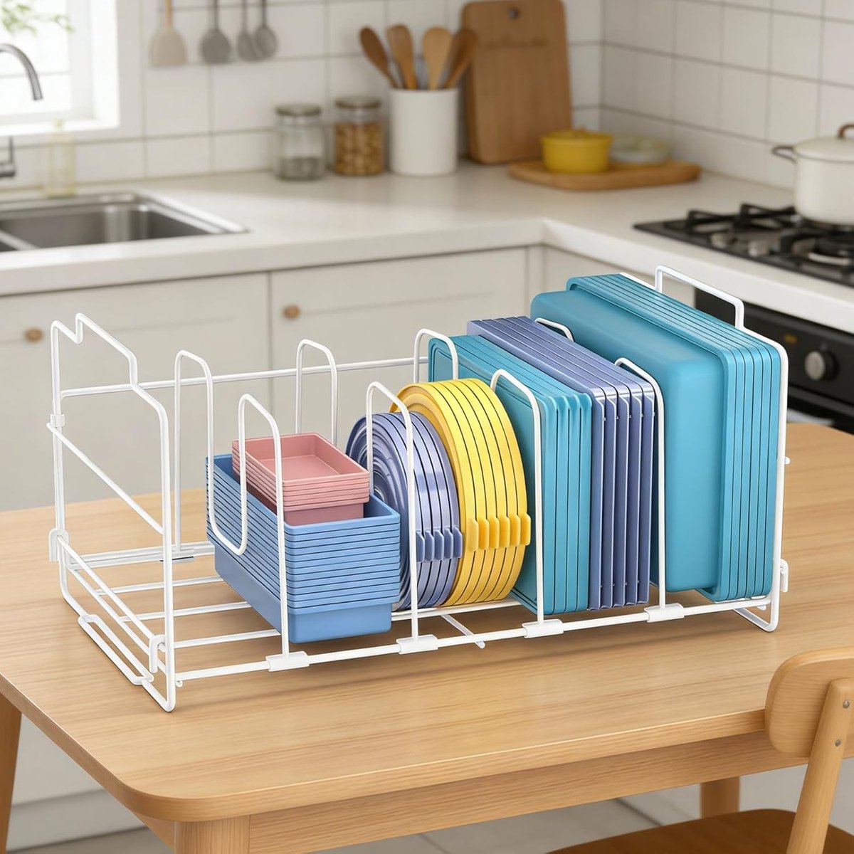 Organizer voor dekselhouders en vershouddozen, multifunctionele keukenoplossing met verstelbare scheidingswanden, ideaal voor kast en lade, stapelbare pannendekselhouder in wit