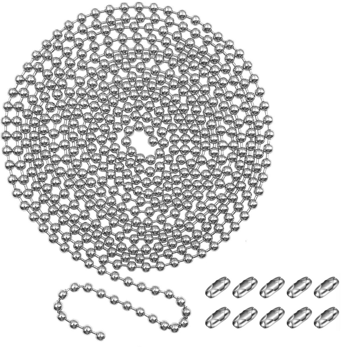 3m / 9,8ft 4,5mm chromen balkralenketting met 10 connectoren, zilveren metalen rolgordijnketting vervanging, kralentrekker voor rolgordijnen