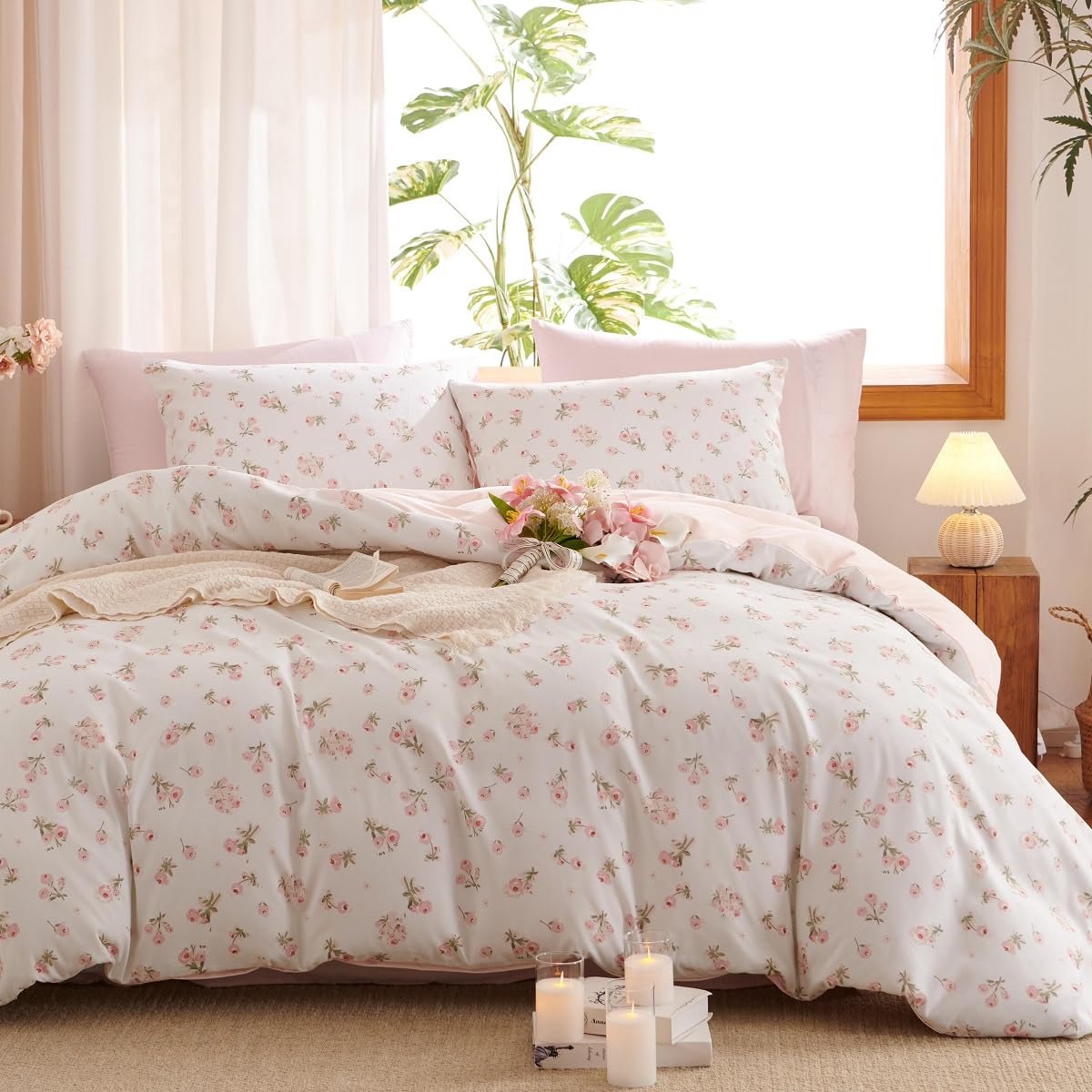 Beddengoed 135 x 200 cm roze bloemen beddengoed van microvezel, planten bladeren patroon Öko-Tex beddengoedset - dekbedovertrek met ritssluiting en 1 kussensloop 80x80 cm