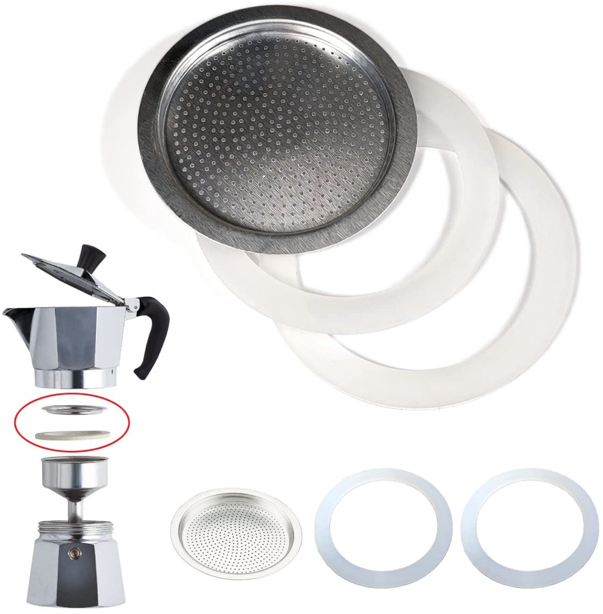 Trade Afdichting en filter voor koffiezetapparaat universeel voor reserveonderdelen Moka (2 x siliconen afdichtring + 1 x filter) (49734)