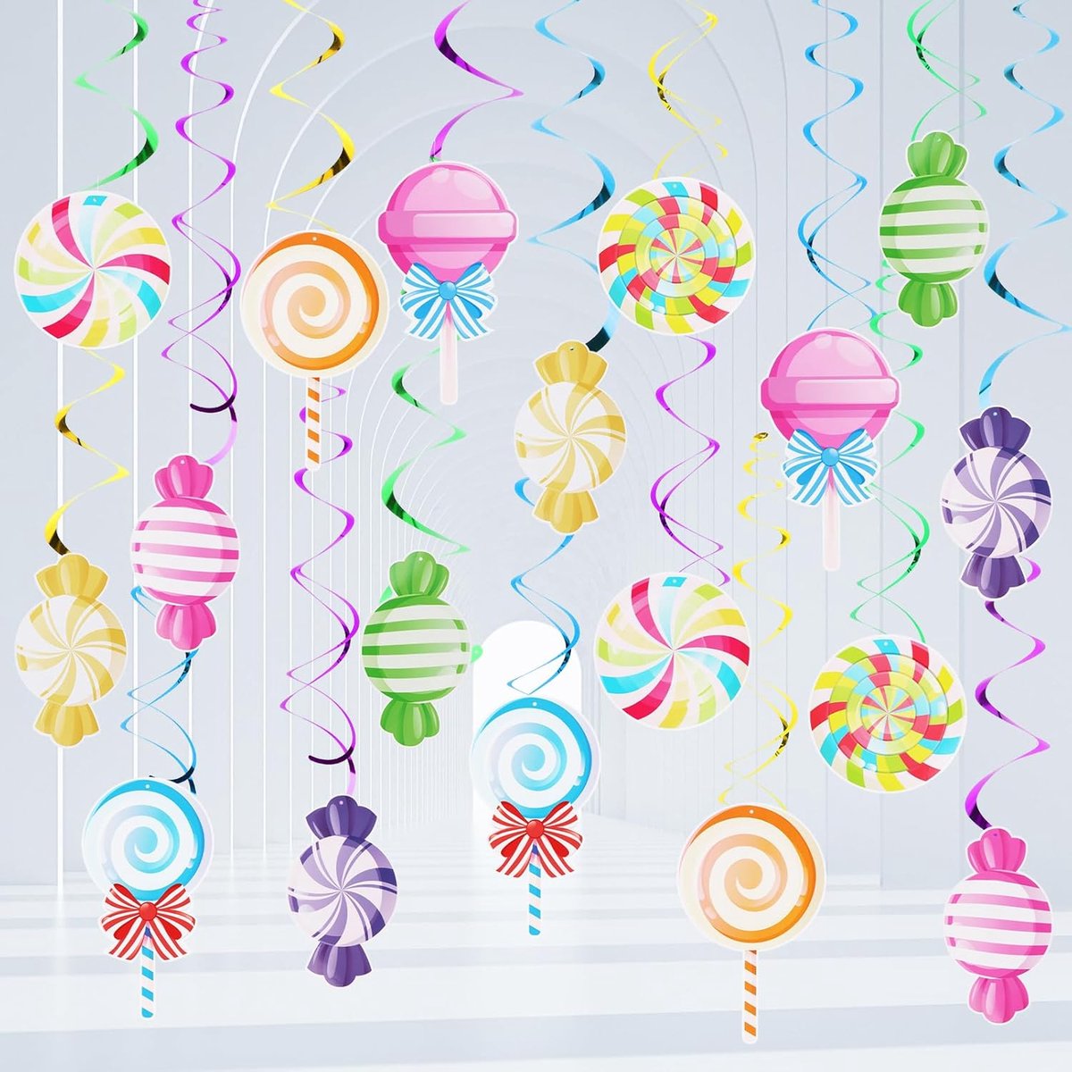 Kleurige 48-delige Hangende Spiralen en Slingers voor Feestdecoratie met Snoep Thema voor Kinderverjaardagen en Babyshowers