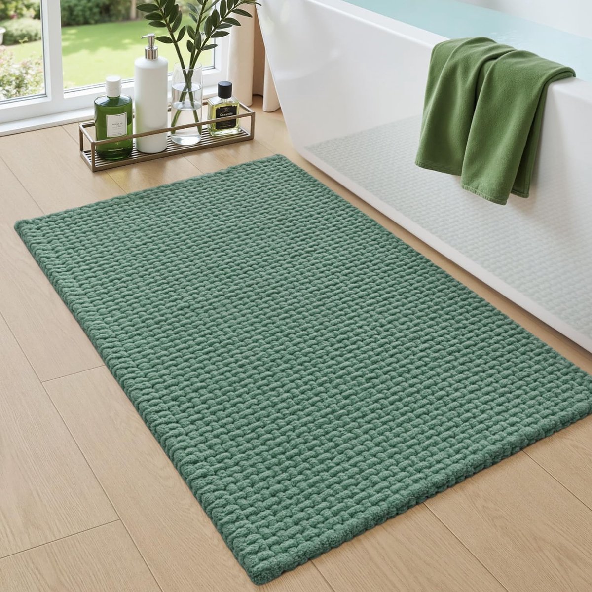 Chenille Badmat 50 x 80 cm, Absorberend en Antislip Badmatten, Zacht en Snel Droog, Machinewas Badtapijt voor Badkamer, Bad en Douche, Groen