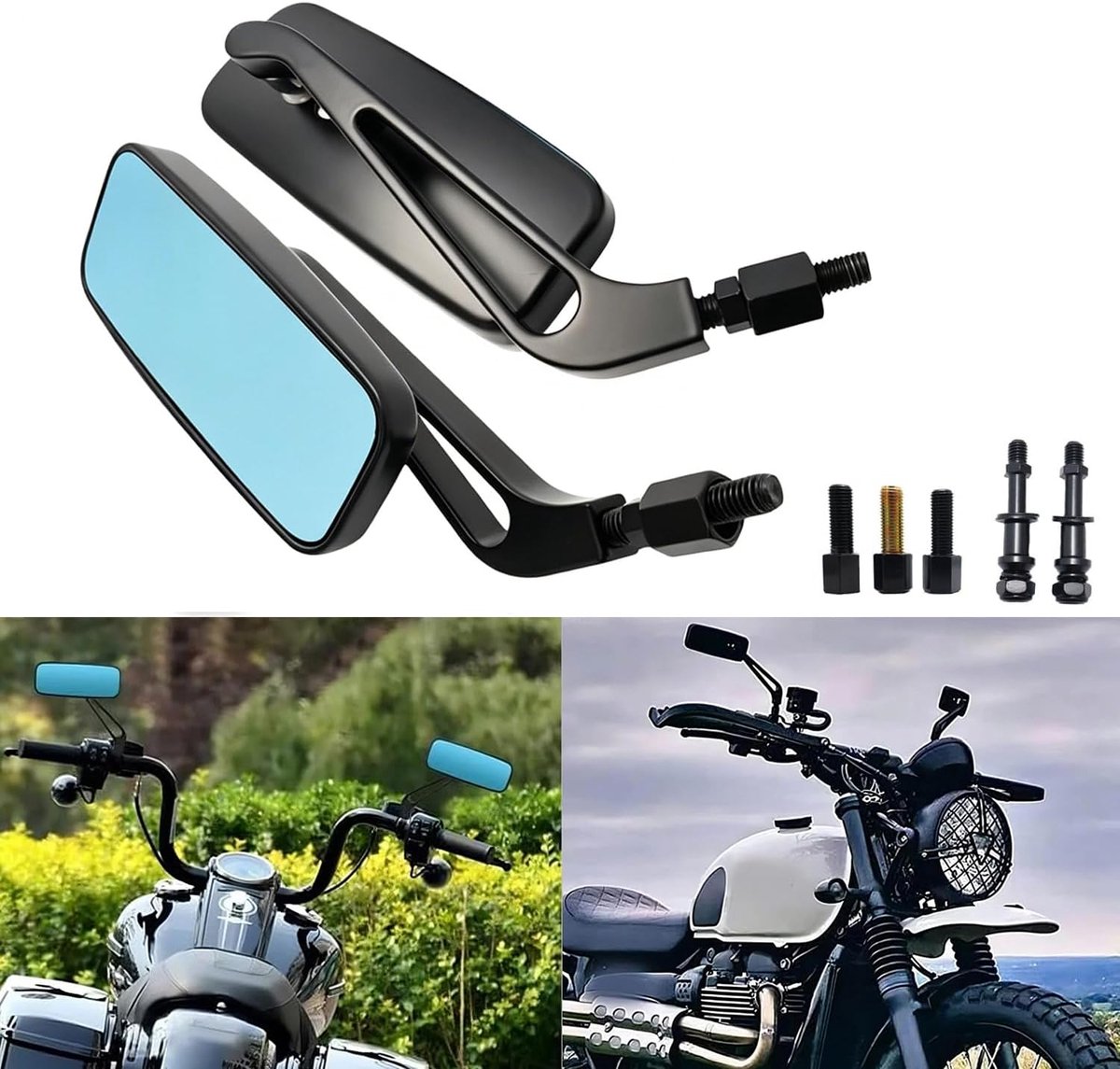 M10 Motorfiets rechthoekige achteruitkijkspiegels met blauwe glazen, compatibel met Davidson Softail Sportster Chopper Bobber Touring Cruiser Street Bike Racer ATV