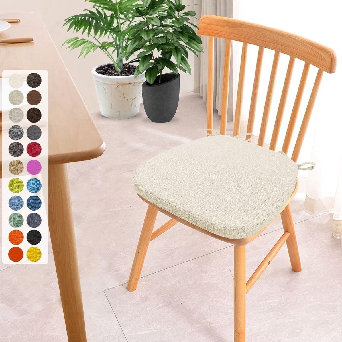 Set van 1 stoelkussen, 40 x 38 x 5 cm, met banden, wasbaar zitkussen, antislip, afneembare overtrek met ritssluiting, ideaal voor thuis, kantoor, keuken, eetkamer, crèmewit